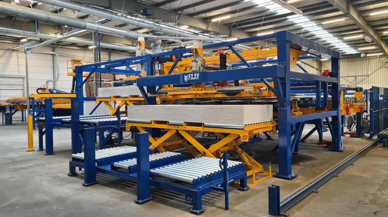 Station van productielijn B van FAAY met blauw portaal, gele schaarheftafel en een stapel gipsplaten op rollenbanen