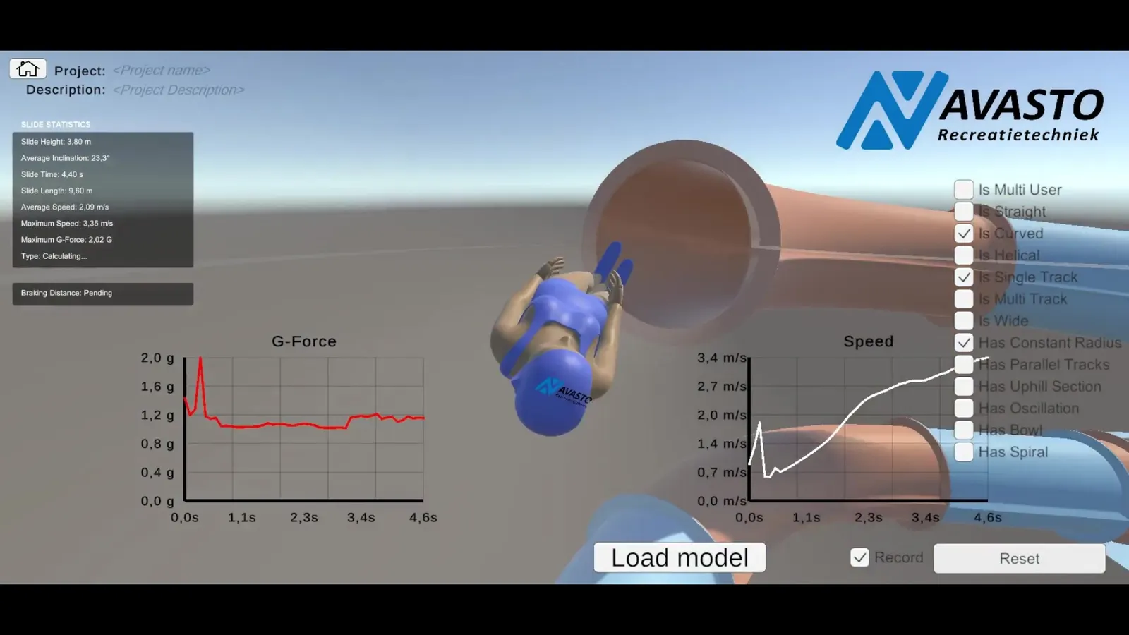 Simulatiescherm met een glijder in een buisglijbaan en grafieken van G-kracht en snelheid