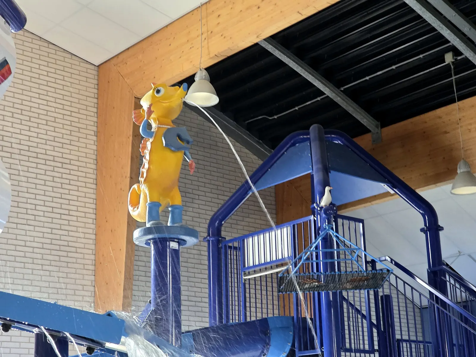 Geel zeepaardje dat water spuit boven het speeltoestel in Paardekreek